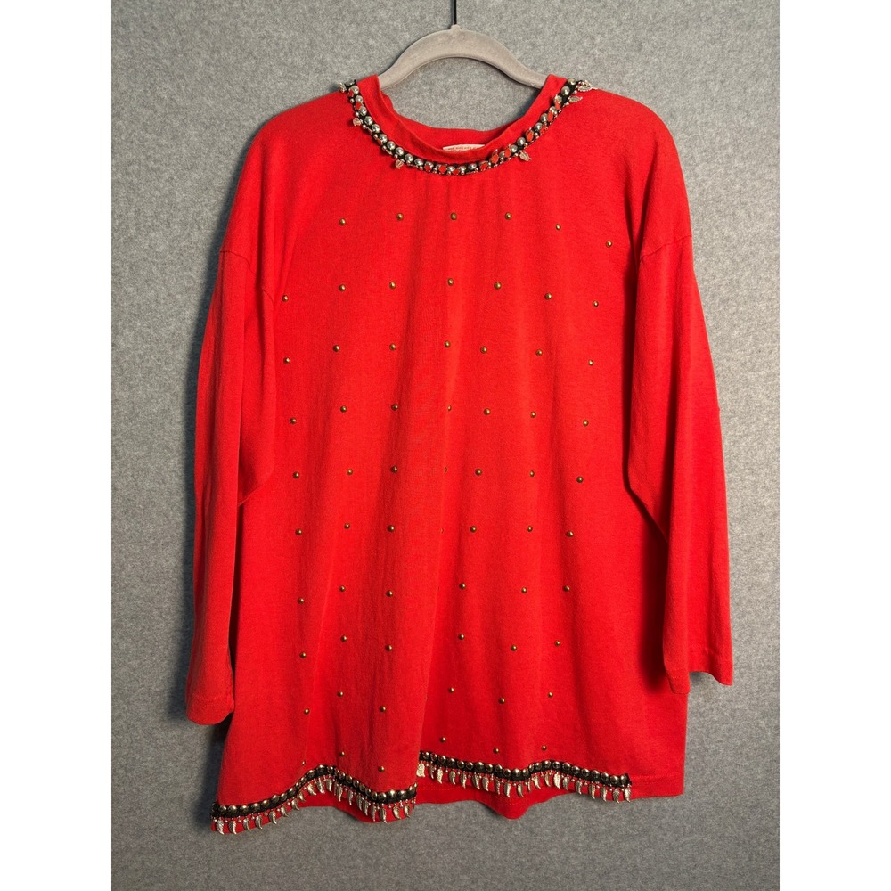 Vintage TSL Super Line Women's Red Embellished Studded Tunic Top OSFA USA XXL